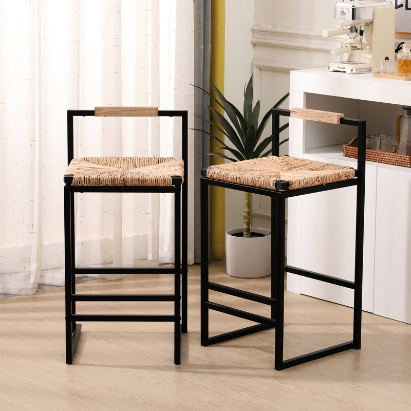 2 Water Hyacinth Woven Backed Bar Stools - Stable Counter Height Chairs For Kitchen, Dining, Office 2Pc Weave Included For Offices, Cafes 15.33" W X31.5'' H