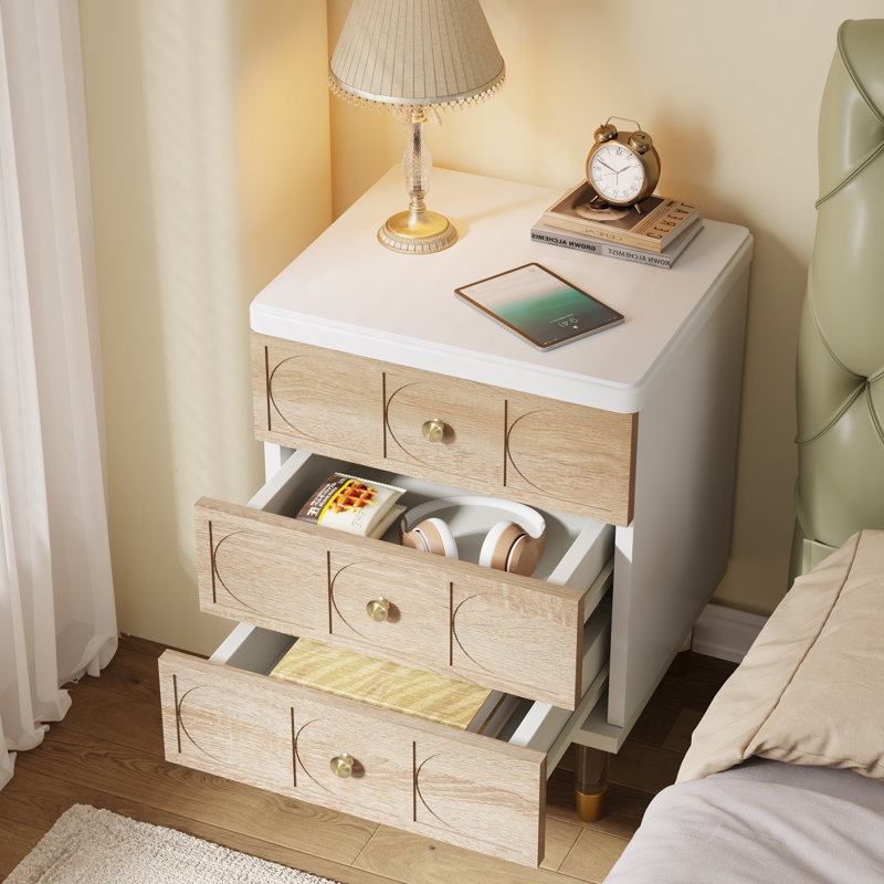 3-Drawer Modern Nightstands with Acrylic Legs, Set of 2, Brown/White