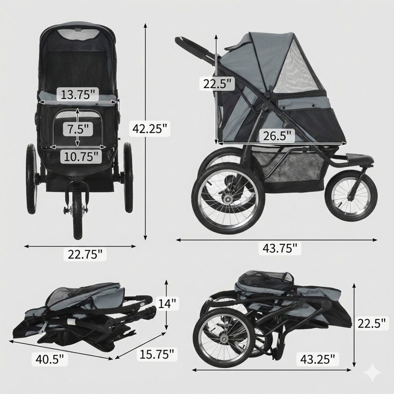 Poussette pour animaux de compagnie convenant aux canines et félins de taille compacte à moyenne, équipée de trois grandes roues, de conception pliable, d'un auvent réglable, d'une laisse de sécurité et d'un compartiment de rangement en dessous, gris