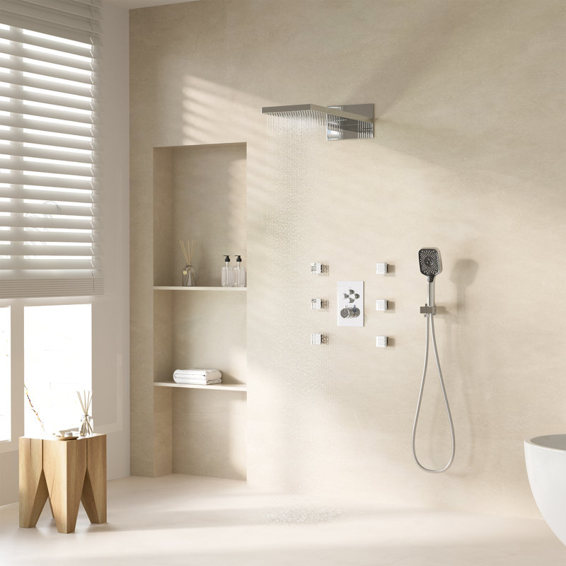 Rainier 4-Function 20 Inch Wall Mounted Rectangular Rainfall Thermostatic Shower System With 6 Body Jets, Chrome