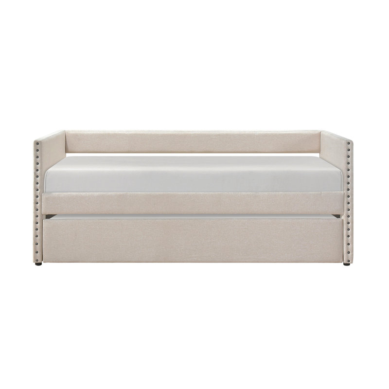 Modern Daybed Pull-Out Trundle Side Pockets Beige Upholstery Nailhead Trim Bedroom Living Room Furniture 1Pc, Beige