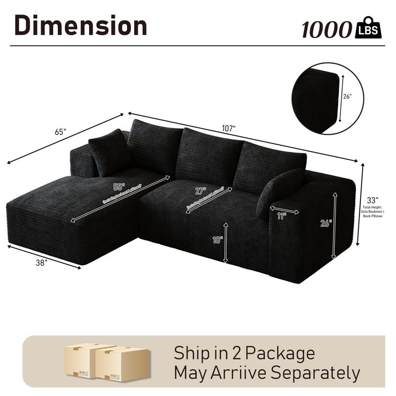 Canapé modulaire sans canapé Adame avec méridienne en L, porte-gobelets et poches de rangement, Orienté à gauche (vu de face)
