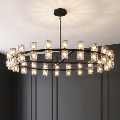 Lustre rond en cristal noir de 48 pouces (122 cm) à 48 lumières, suspension pour plafond incliné à hauteur réglable.