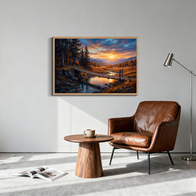 Impression sur toile, pont en bois au-dessus d'un ruisseau au coucher du soleil doré