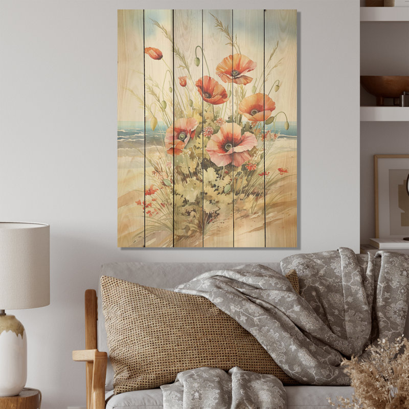Coquelicots rouges sur la plage I - coquelicots, art sur bois de pin naturel, H 20 po x l 10 po