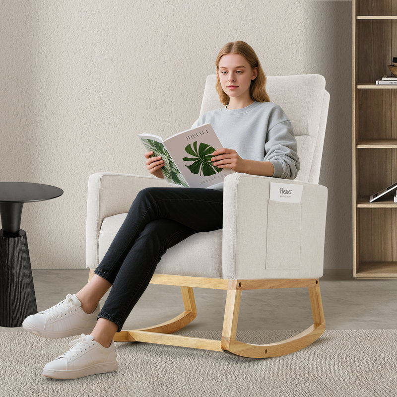 Linen Fabric+ Manufactured Wood Rocking Chair, Natural, White