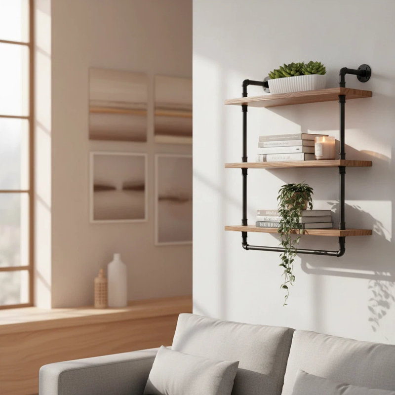 Étagère à tuyaux industrielle en bois massif avec étagères flottantes pour salle de bain, échelle murale pour la décoration et le rangement du salon