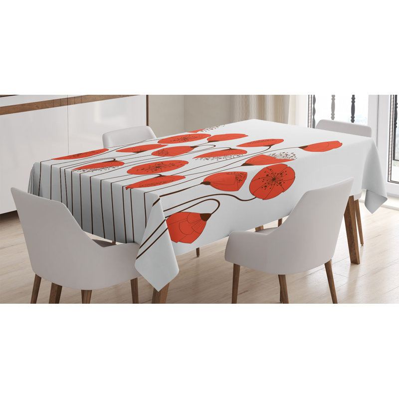 Flower Tablecloth, Poppy Flowers Blossom Art Deco Style Summertime Garden Modern Repetition, Rectangular Table Cover For Dining Room Kitchen Decor, 52" X 70", Vermilion And Pearl