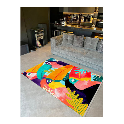 Barcelona Collection Multicoloured Toucan Parrots Pattern Modern Decorative Machine Washable Area Rug