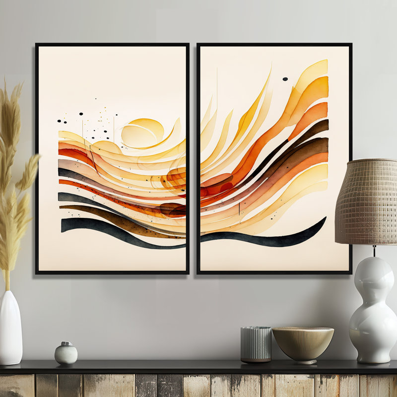 «Burnt Orange Waves Abstract IV», reproduction d'art moderne sur toile 2 pièces, Noir, H 36 po x l 48 po