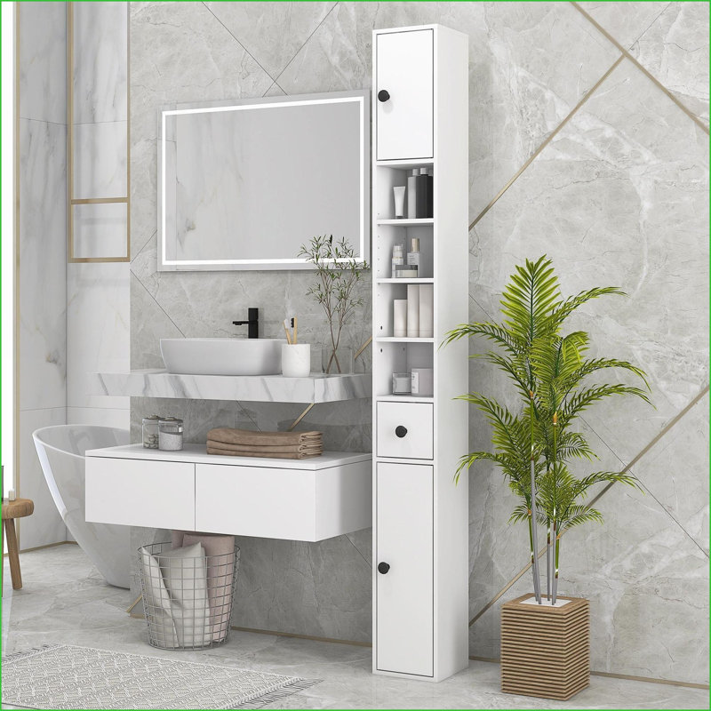 Cabinets 70.75” Tall Narrow Storage Cabinet with Open/Adjustable Shelves, 2 Doors, Snow White | Particle Board | Bathroom