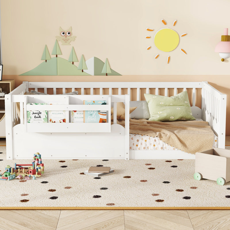 Lit simple avec clôture surélevée et bibliothèque, lit en bois pour enfants, blanc., Blanc