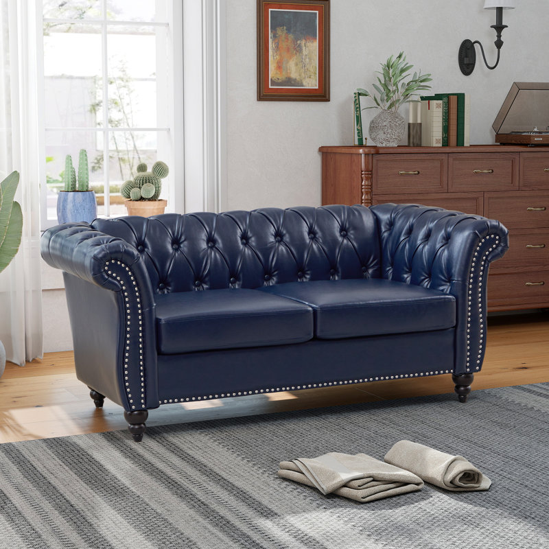Oma 62" Rolled Arm Chesterfield Loveseat, Blue