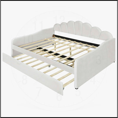 Full Size Upholstery Daybed Frame with Shell Shaped Backrest and Trundle, Perfect for Guest Rooms and Small Spaces