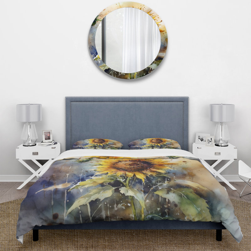 Ensemble de housse de couette jaune en tournesol Symphony I Bedding, Housse de couette pour grand lit et 2 taies décor