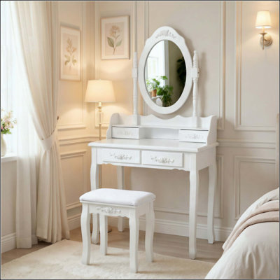 Princess Vanity Desk Set With Mirror & Cushioned Stool, 4-Drawer Wooden Makeup Vanity Table Bedroom, Dressing Table With Ample Storage