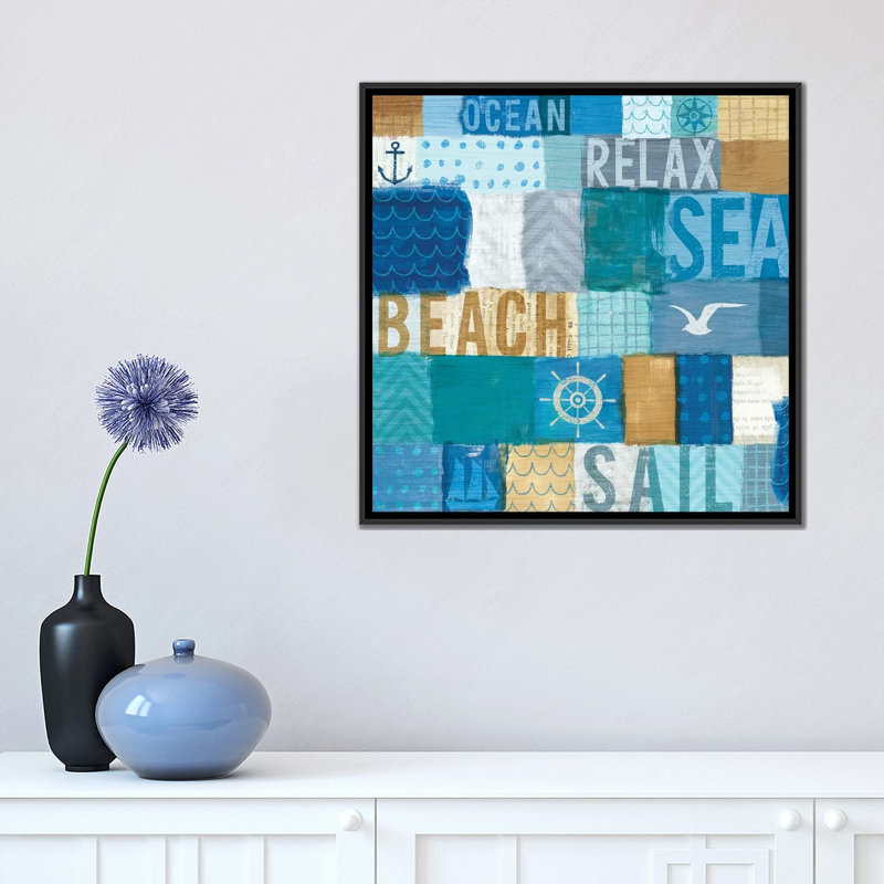 «Beachscape Series: Collage I», impression sur toile, H 18 po x l 18 po x P 1,5 po, Toile avec cadre noir, Pas de tapis