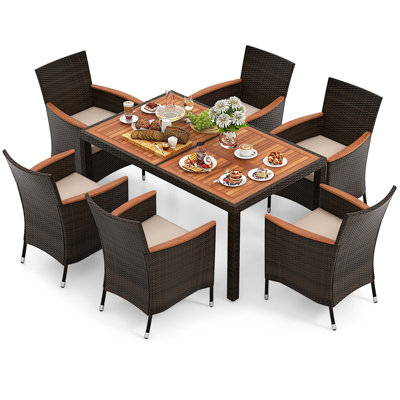 Red Barrel Studio® 7 Pieces Outdoor Wicker Dining Set With Acacia Wood Table And 6 Stackable Chairs