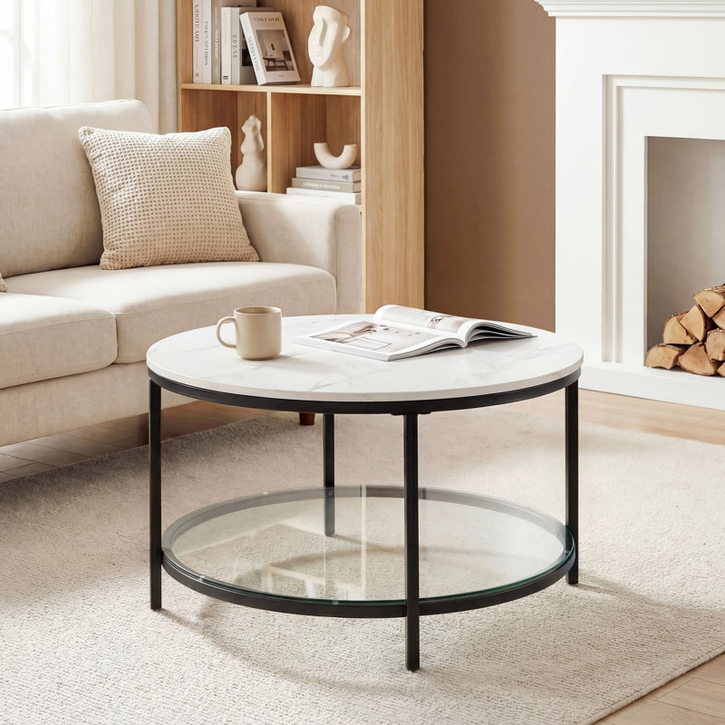 Marble Round Coffee Table with Glass for Living Room, 2-Tier Circle Coffee Table with Storage Clear Coffee Table, Black