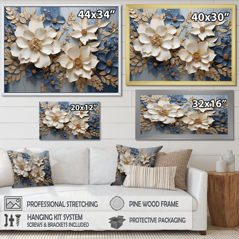 Composition de fleurs saisonnières beige et bleu - Fleurs saisonnières, H 30 po x l 40 po x P 1,5 po, Cadre flottant blanc
