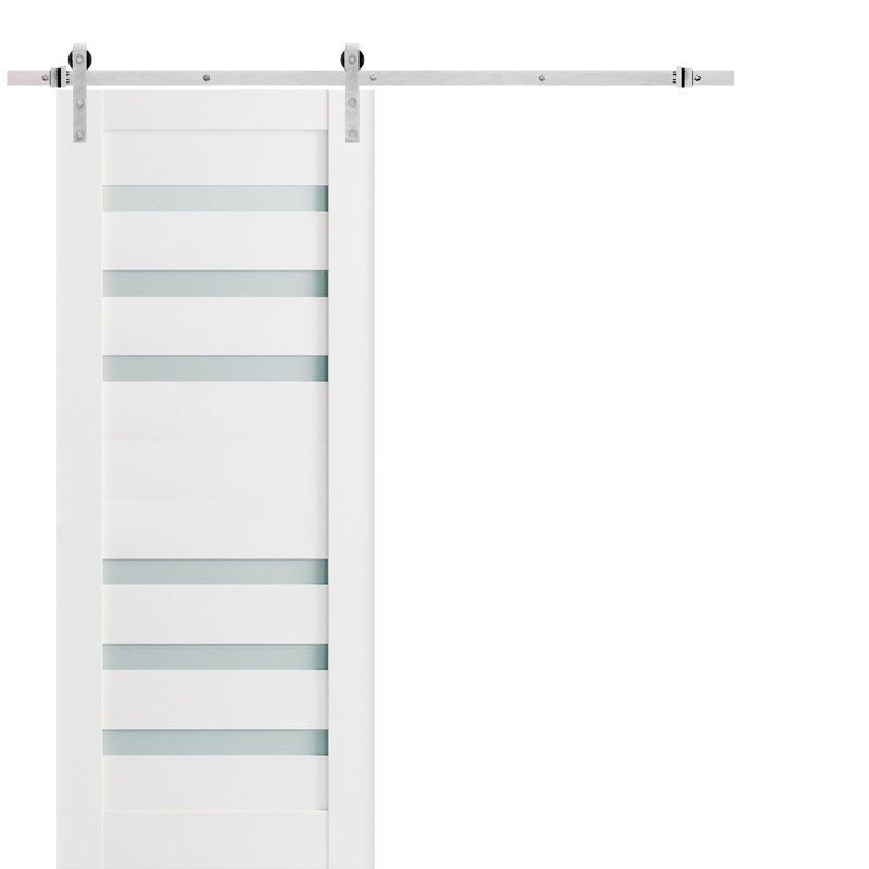 Porte de grange robuste en verre dépoli Quadro 4266 Blanc Soie, rail de 2 m (6,6 pi), quincaillerie lourde, porte intérieure à panneau plein - 45,7 cm x 243,8 cm (18 po x 96 po) - Rail argenté