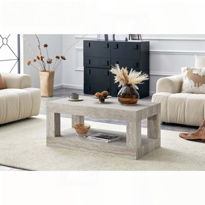 Table basse à 2 niveaux avec tablette de rangement ouverte - Design moderne