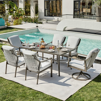 7 Piece Outdoor Dining Table Set With 2 Swivel Rocker Chair And Cushions