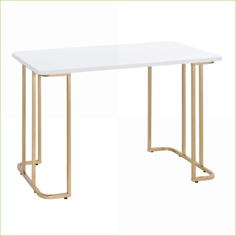 Bureau d'écriture, blanc moderne Or de 48,5 po de largeur avec base ouverte | Blanc + or | Bois et métal