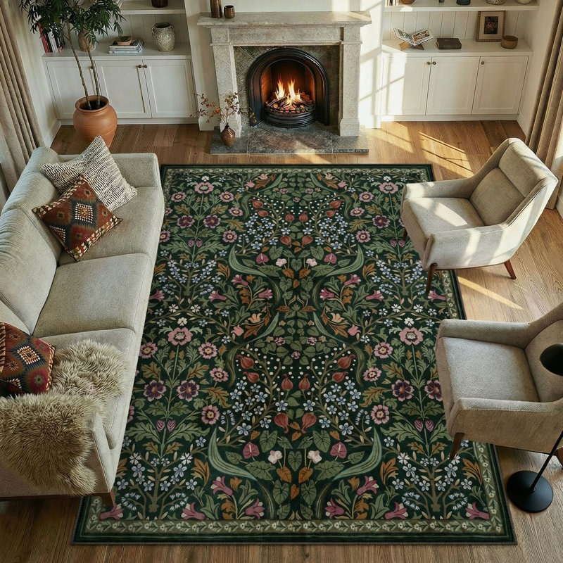 Tapis lavable à motif floral Kaldi, Rectangulaire 8 pi x 10 pi, Vert