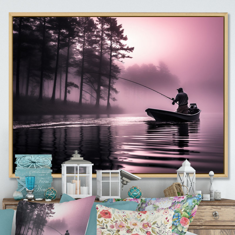 Fishing At The Lake I - Fishing Framed Canvas Print Hunting Wall Art, 12" H x 20" W x 1" D, Natural Floater Framed