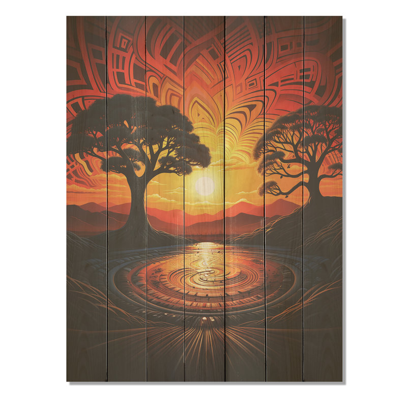 Coucher de soleil sur les branches du folklore africain - Arbre africain sur bois, H 20 po x l 10 po