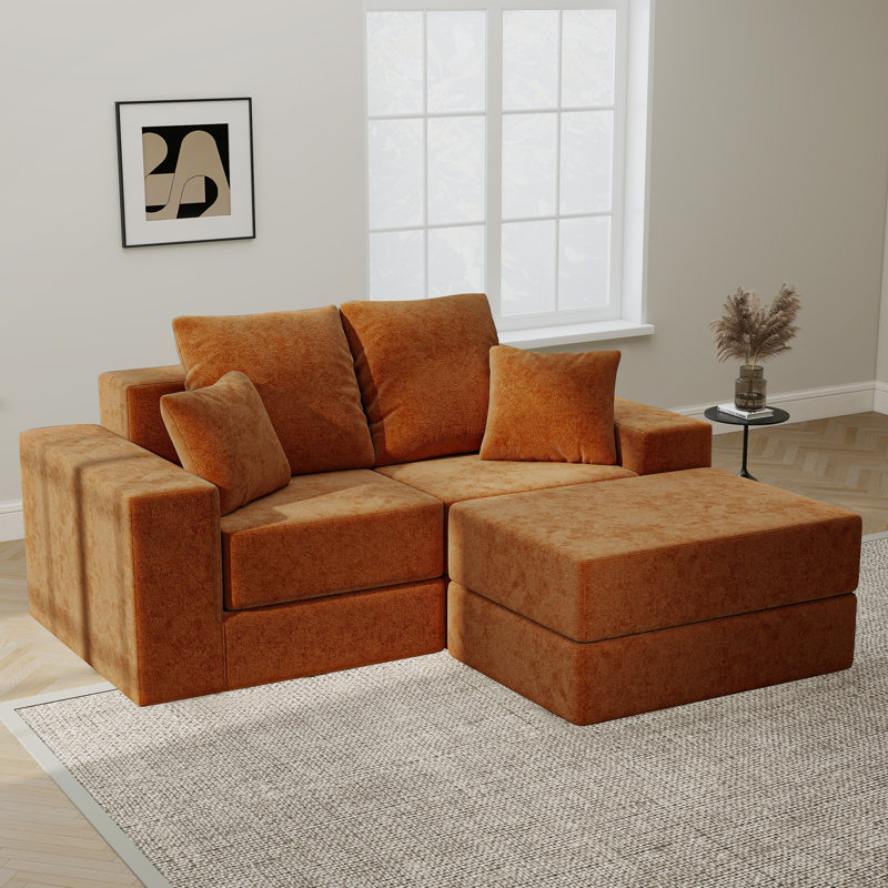 Canapé modulaire escamotable 75 po en velours avec repose-pieds, Velours orange