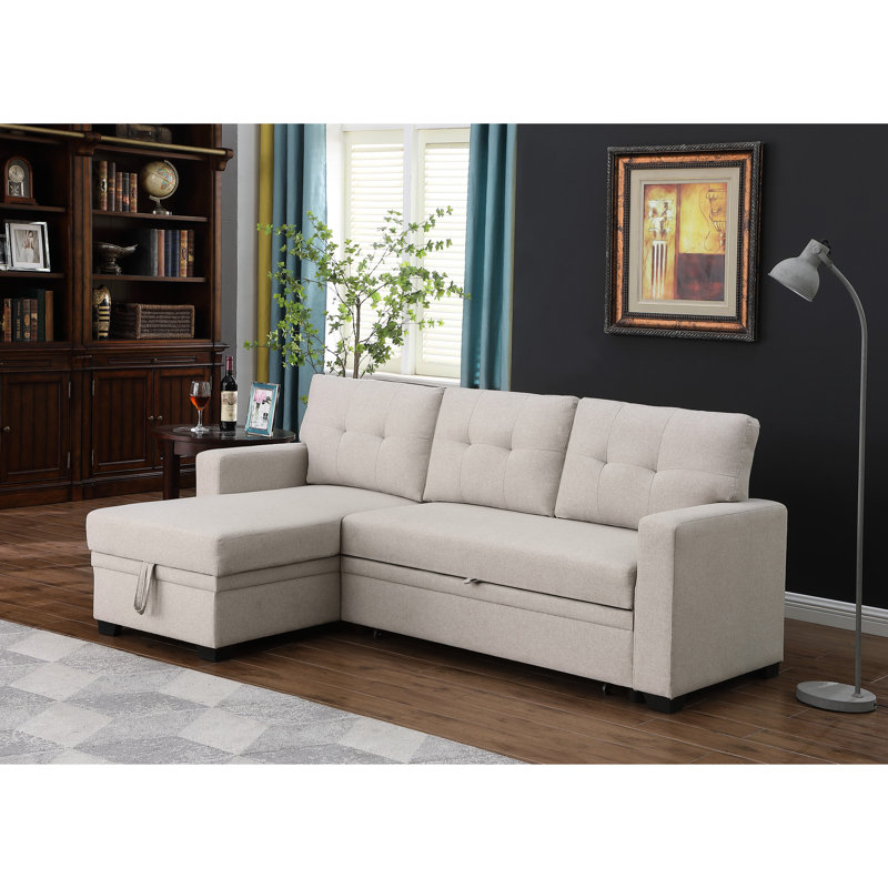 Canapé modulaire avec méridienne escamotable en tissu d'ameublement beige - Coussins de dossier amovibles en lin rembourrés de mousse à 3 places et rangement pour recevoir des invités