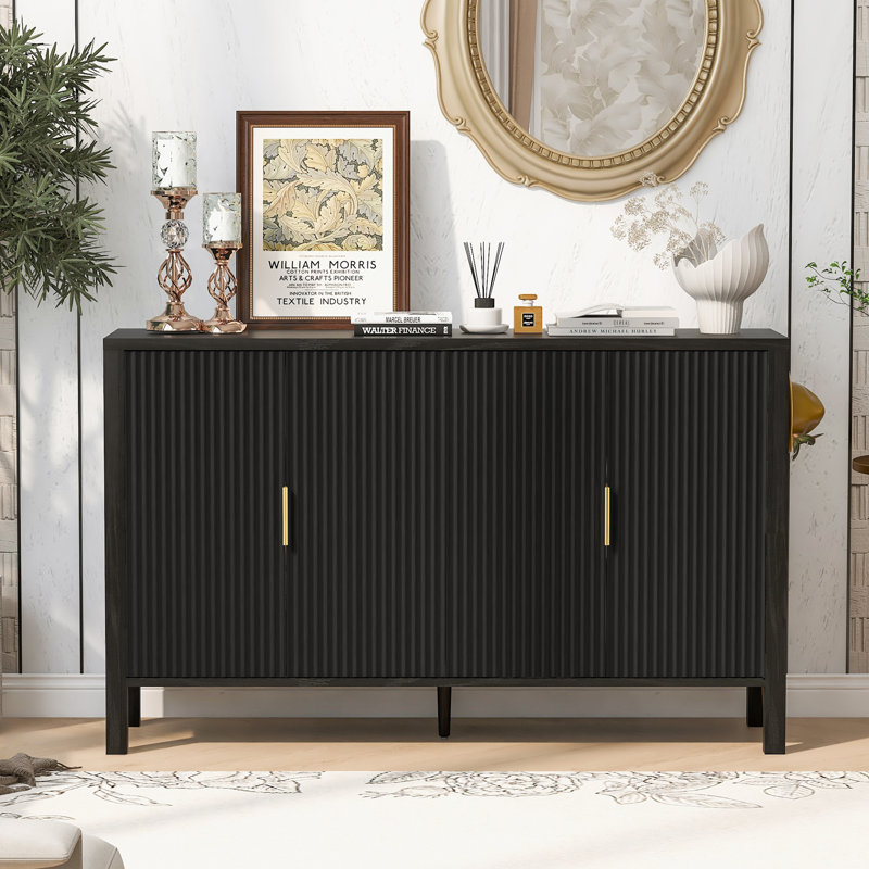 Armoire de rangement moderne à rayures, buffet à 4 portes avec rangement à l'arrière, tablettes réglables, panneau de fibres à densité moyenne et aluminium pour le salon / la salle à manger | Idée de cadeau
