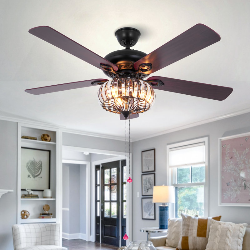 52" Crystal Ceiling Fans With Lights Remote, Black Farmhouse Chandelier Ceiling Fan Light Kit, Modern Rustic Fandeliers With 5 Wood Reversible Blades For Decorate Living Room Bedroom