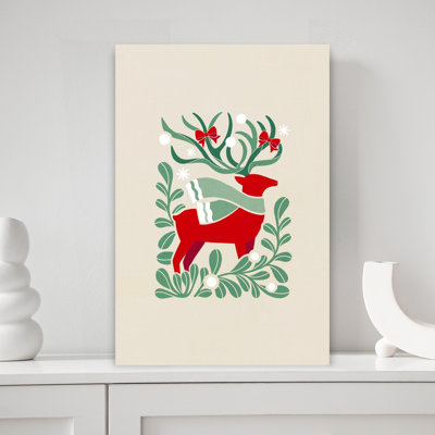 Festive Red Deer Abstract Contemporary Deer Forest Nature Wall Art Print 1 Piece Wrapped Canvas Wall Art