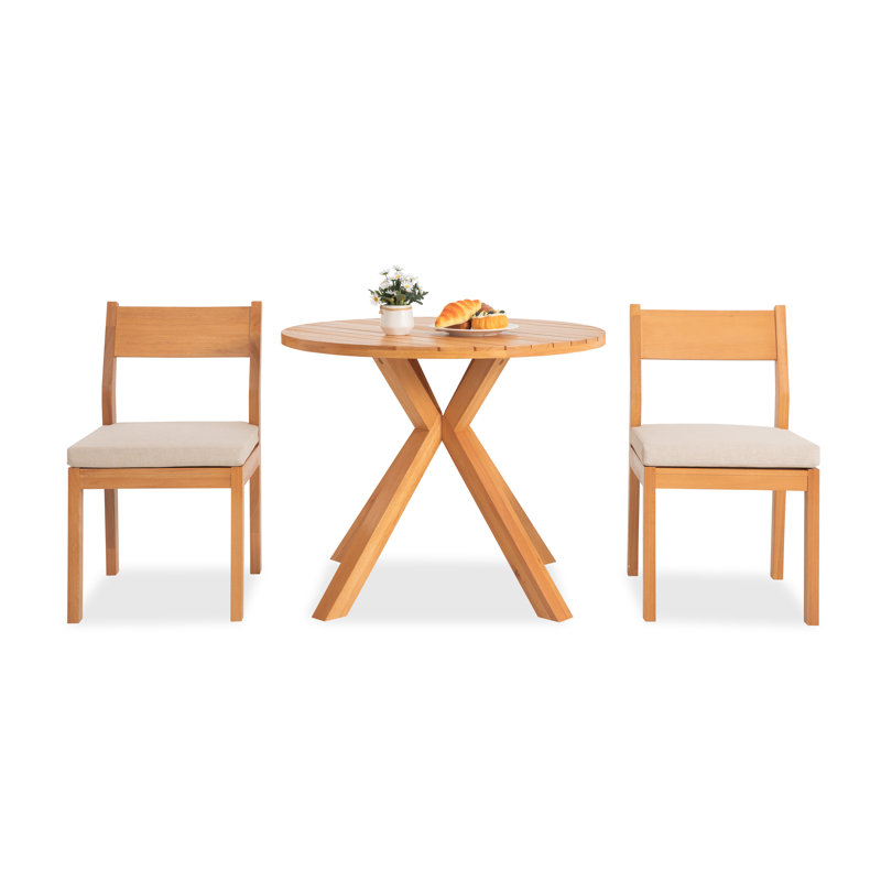 3-piece Eucalyptus Wood Patio Dining Set With Cushioned Chairs, 2