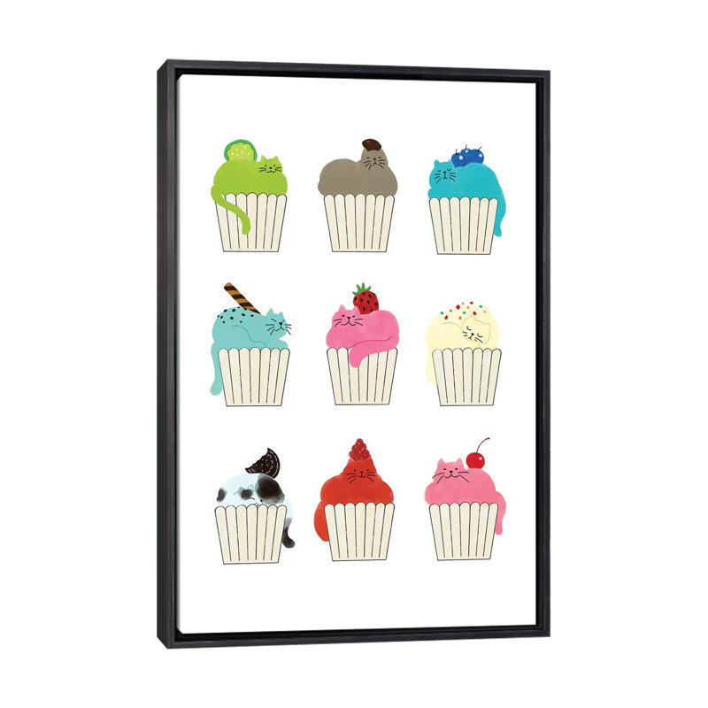 «Cupcat Flavors» par Big Nose Work - impression d'art graphique, Pas de tapis, Toile avec cadre noir patiné