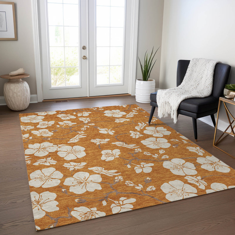Paprika Floral Synthetic Washable Non-slip Rectangular Rug