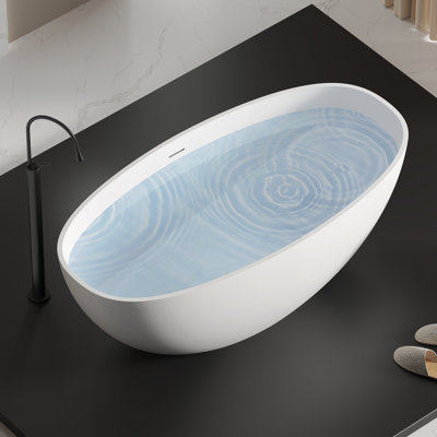 KAKUSIGA 61 inch Freestanding Tub Solid Surface Stone Resin Free Standing Soaking Bathtub