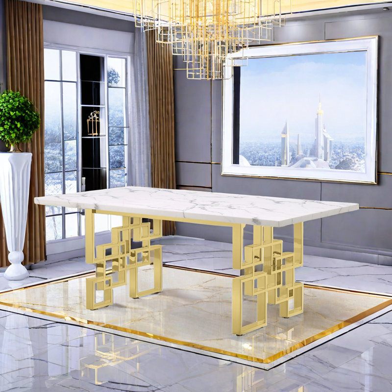 Table de salle à manger de luxe blanc avec base géométrique polie, Or