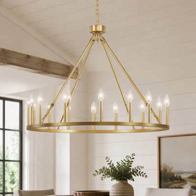 Gold Wagon Wheel Chandelier Round Farmhouse Light Fixture for Dining Room Living Room Foyer Entryway 39.3in 16 Lights