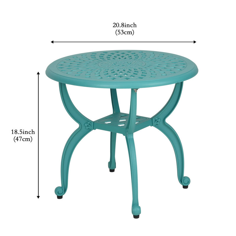 Round Blue Cast Aluminum Outdoor Side Table, Anti-Rust For Garden, Blue