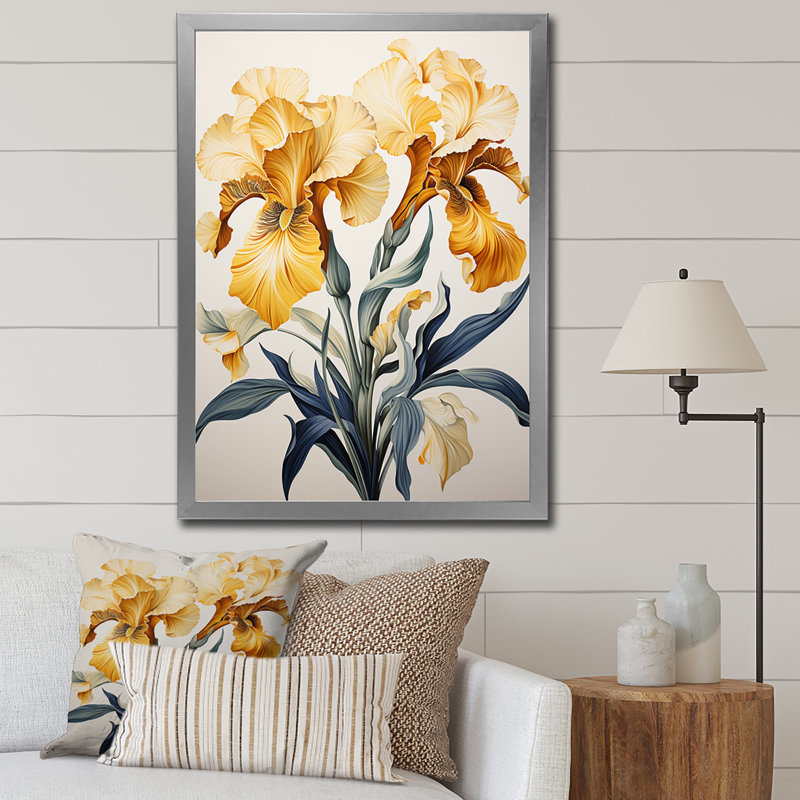 Illustration rétro d'iris dorés sur toile, Cadre simple argenté, H 40 po x l 30 po x P 1,5 po