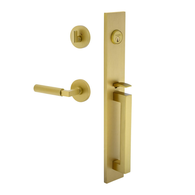Viaggio Quadrato One-Piece Handleset With D Grip With Circolo Rosette And Contempo Fluted Lever, 2.375", Satin Brass, Left