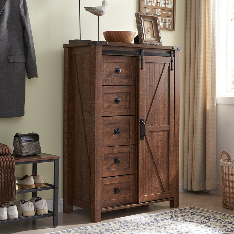 Commode 5 tiroirs avec porte de grange coulissante Charithra, Bois de grange récupéré
