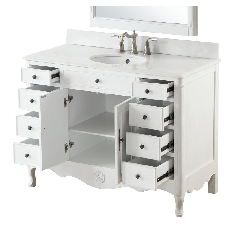 Meuble-lavabo sur pied Benton Collection Fayetteville, style cottage, blanc antique vieilli, 46 pouces, avec miroir, lavabo simple, dessus en marbre, entièrement assemblé.