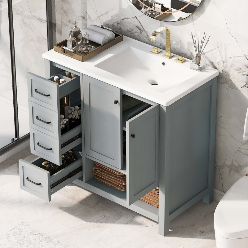 Meuble-lavabo élégant et durable avec lavabo, deux portes, deux tiroirs et une tablette ouverte pour les salles de bain modernes