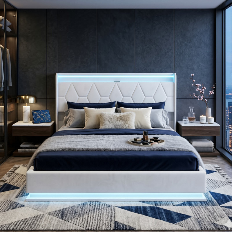 European Double & King Size Velvet Ottoman Bed With Surround LED Lights, Storage Frame With Charging Port, White