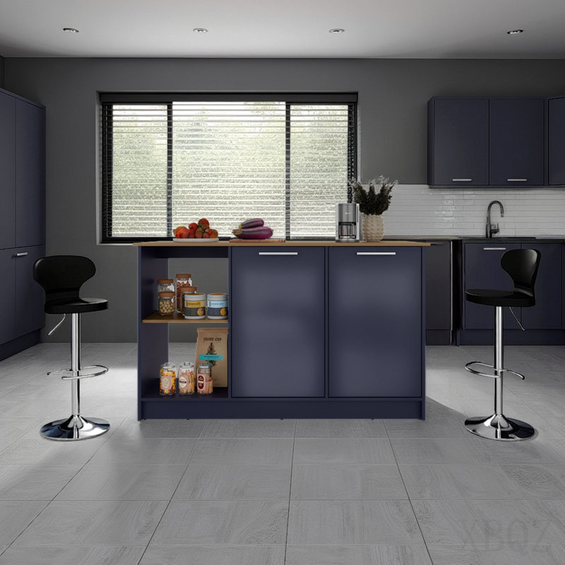 Îlot de cuisine avec grande surface supérieure, armoire à double porte et tablettes ouvertes, Blue